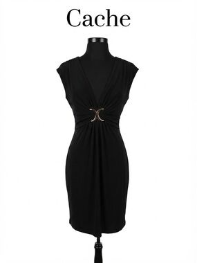 Vintage Cache Black Faux-Wrap Dress with Gold Accent Size 12 0146